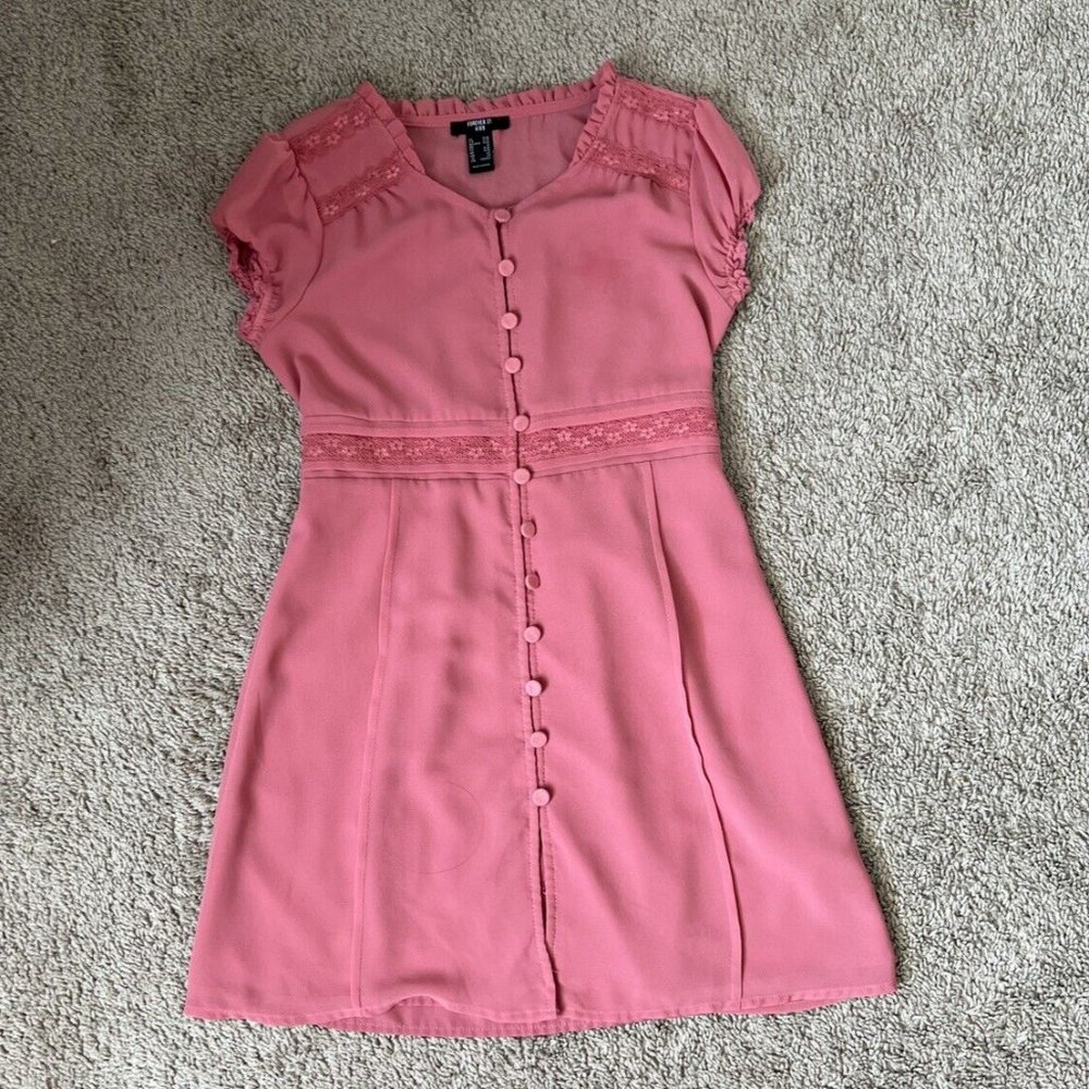 Forever 21 Girl Ruffles Lace Polyester Lined Dress Pink Old Rose Color Size 9/10